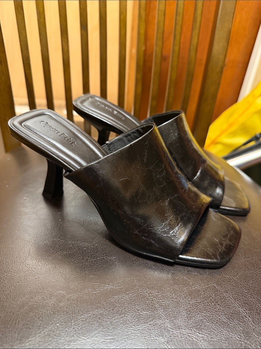 Open Edit Black Leather Mule Heels - Women's Slip-On Peep Toe